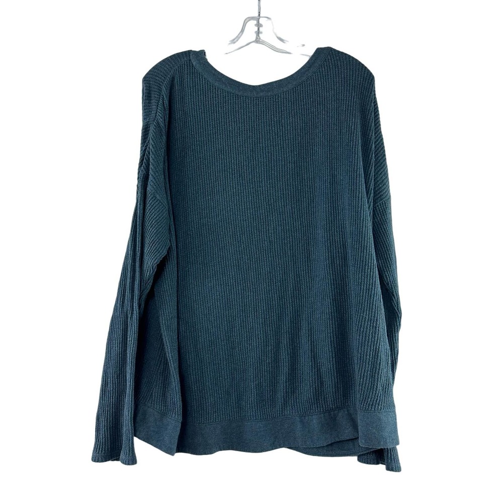 J Jill Oversize Waffle Knit Pullover Top Womens Size L Blue V Back Long Sleeve‎